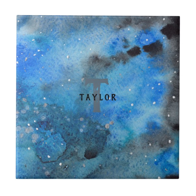 Azulejo De Cerâmica Monograma Abstrato Azul Preto Aquarela Arte Fina (Frente)