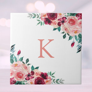 Azulejo De Cerâmica Monograma Aquarela Boho Rosa Borgonha Rosa Floral