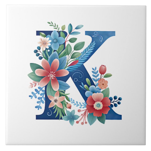 Azulejo De Cerâmica Monograma azul "K", design floral ornamentado, (Frente)