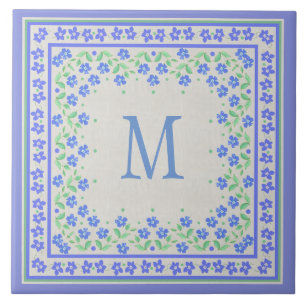 Azulejo De Cerâmica Monograma Blue Periwinkles Borda Floral Faux Linen