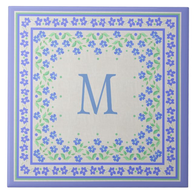 Azulejo De Cerâmica Monograma Blue Periwinkles Borda Floral Faux Linen (Frente)