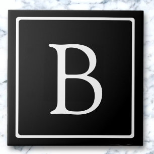 Azulejo De Cerâmica Monograma Clássico Simples Preto com texto bran