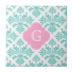 Azulejo De Cerâmica Monograma cor-de-rosa floral do damasco #3