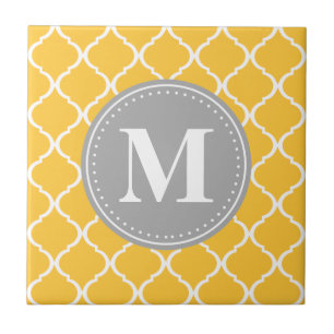 Azulejo De Cerâmica Monograma da Cinza de Latice de Girassol Amarelo-m
