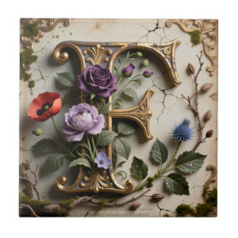 Azulejo De Cerâmica Monograma da Letra F com Patina Floral Vitoriana