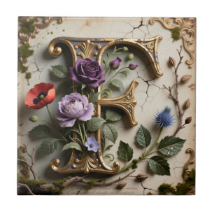 Azulejo De Cerâmica Monograma da Letra F com Patina Floral Vitoriana