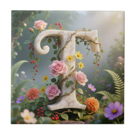 Azulejo De Cerâmica Monograma da Letra T em Mármore Floral Branco