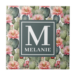 Azulejo De Cerâmica Monograma das flores cor-de-rosa com padrão Cactus