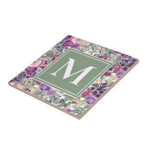 Azulejo De Cerâmica Monograma das Flores Verdes com Banho Rosa Púrpur