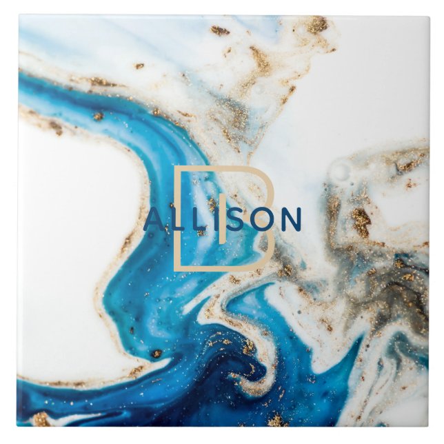 Azulejo De Cerâmica Monograma de Abstrato de Dourada branco-branco azu (Frente)