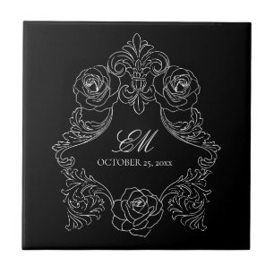 Azulejo De Cerâmica Monograma de Casamento Gótico Preto e Branco