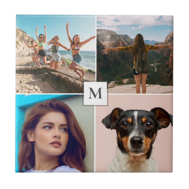 Azulejo De Cerâmica Monograma de Colagem de Fotos da Família  (Frente)