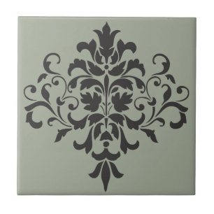 Azulejo De Cerâmica Monograma de Damasco em Cinzas Elegantes e Preto