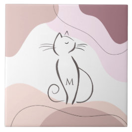 Azulejo De Cerâmica Monograma de Forma Orgânica de Gato Negro Minimali