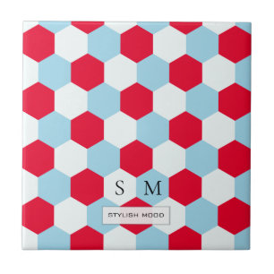 Azulejo De Cerâmica Monograma de Hexágonos Vermelho, Branco e Azul