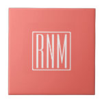 Azulejo De Cerâmica Monograma de Iniciais | Branco Sobre O Coral<br><div class="desc">3 iniciais monogramadas.</div>