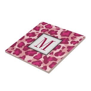 Azulejo De Cerâmica Monograma de leopardo rosa e vermelho