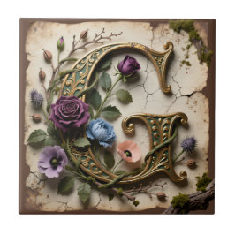 Azulejo De Cerâmica Monograma de Letra G Dourada Floral Antiga