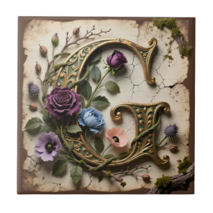 Azulejo De Cerâmica Monograma de Letra G Dourada Floral Antiga