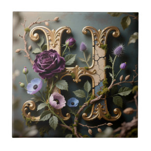 Azulejo De Cerâmica Monograma de Letra H Floral Ouro Opulento