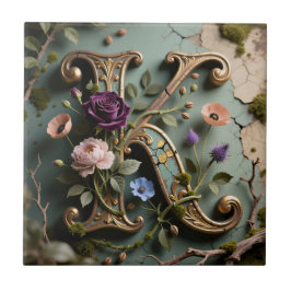 Azulejo De Cerâmica Monograma de letra K com patina floral dourada
