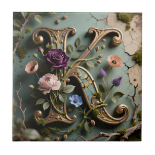 Azulejo De Cerâmica Monograma de letra K com patina floral dourada