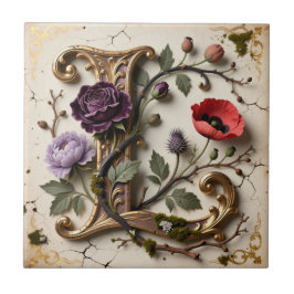 Azulejo De Cerâmica Monograma de Letra L Dourada Floral Vitoriana