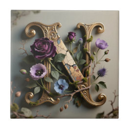 Azulejo De Cerâmica Monograma de Letra N com Pátina Floral Dourada