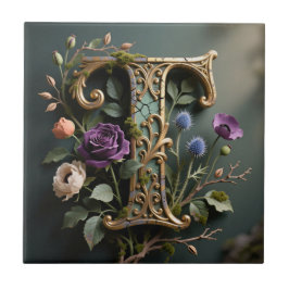 Azulejo De Cerâmica Monograma de Letra T Dourada Floral Antiga