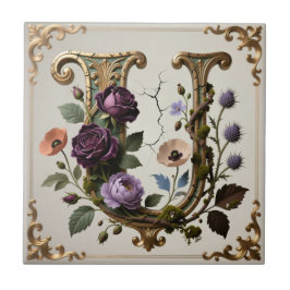 Azulejo De Cerâmica Monograma de Letra U Dourada Floral Antiga