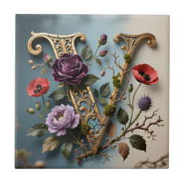 Azulejo De Cerâmica Monograma de Letra V Dourada Floral Antiga