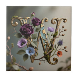 Azulejo De Cerâmica Monograma de Letra W Dourada Floral Antiga