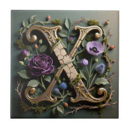 Azulejo De Cerâmica Monograma de Letra X Dourada Floral Antiga