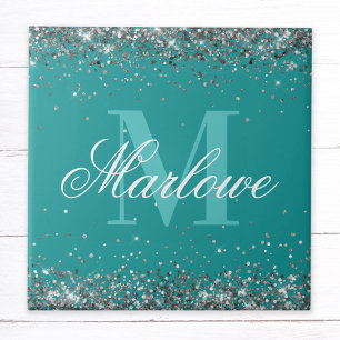 Azulejo De Cerâmica Monograma de na moda Silver Glitter Teal