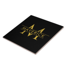 Azulejo De Cerâmica Monograma de Nome Personalizado Elegante Preto