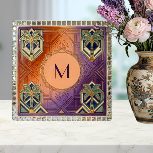 Azulejo De Cerâmica Monograma de Palmeira Laranja Tropical Art Déco