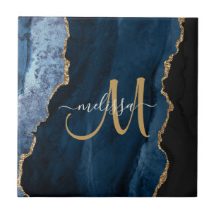 Azulejo De Cerâmica Monograma de Script de Agate Dourado Azul-Chic