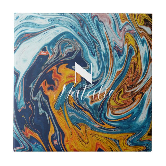 Azulejo De Cerâmica Monograma Dourado Azul Elegante (Frente)