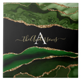 Azulejo De Cerâmica Monograma Dourado de brilho e agitação verde