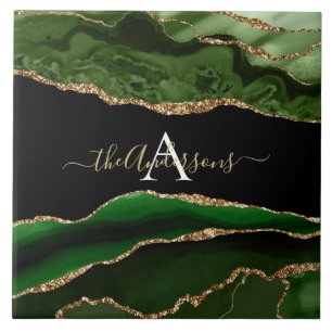 Azulejo De Cerâmica Monograma Dourado de brilho e agitação verde