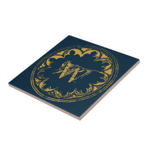 Azulejo De Cerâmica Monograma Dourado e Russo de Vintage Azul