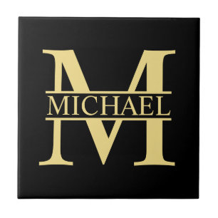 Azulejo De Cerâmica Monograma e Nome Personalizados Preto e Dourado