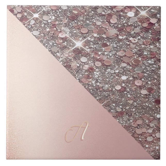 Azulejo De Cerâmica Monograma Elegante em Dourado Rosa (Frente)