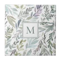 Monograma Elegante Verde Azul Botânico Aquarela