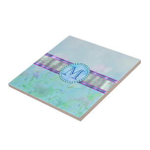 Azulejo De Cerâmica Monograma Floral Azul Pastel