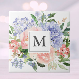 Azulejo De Cerâmica Monograma Floral Azul Rosa Hydrangea Peônia Primav