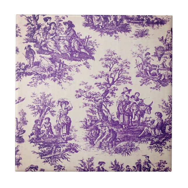 Azulejo De Cerâmica Monograma floral roxo de jouy (Frente)
