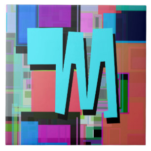 Azulejo De Cerâmica Monograma geométrico colorido do azul de turquesa