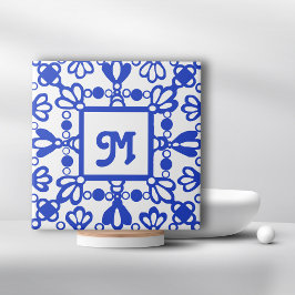 Azulejo De Cerâmica Monograma inicial de Ornamentado Azul Delft Desenh