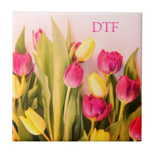 Azulejo De Cerâmica Monograma/Nome Rosa DIY, Tulipas Rosa e Amarelo